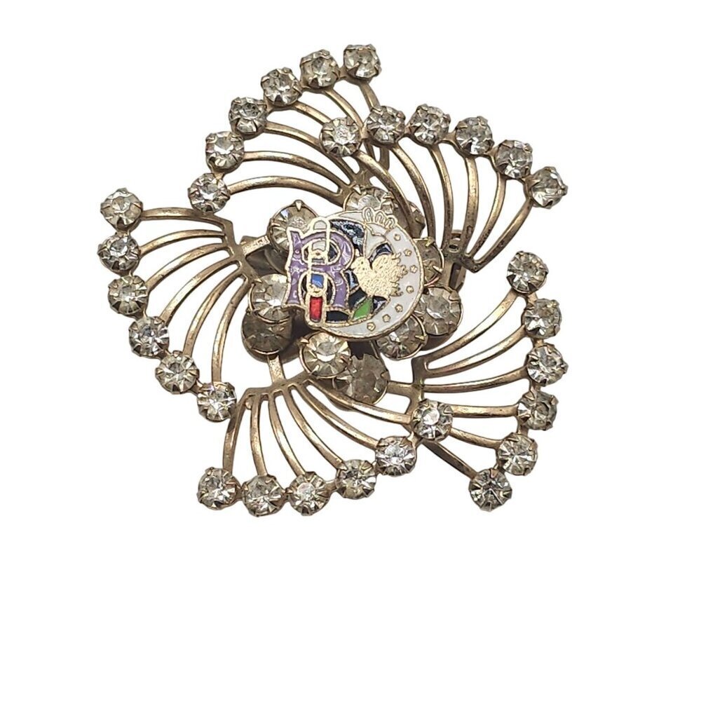 Vintage Odd Fellows Daughters Of Rebekah Enamel Clear Rhinestone Brooch Pin